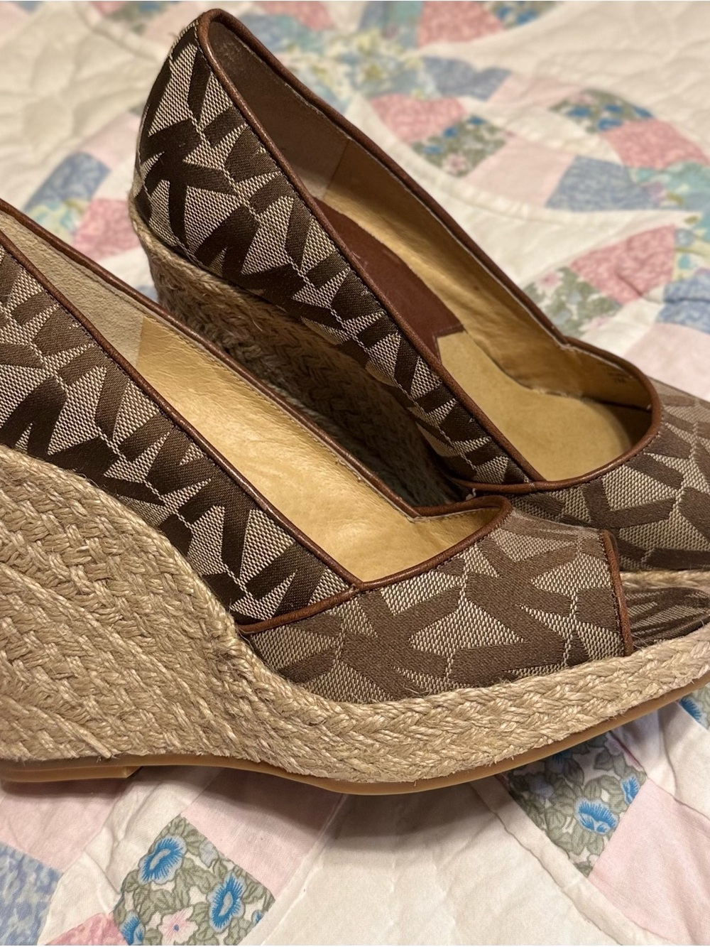 Michael Kors Brown Patterned Espadrille Wedge Pumps